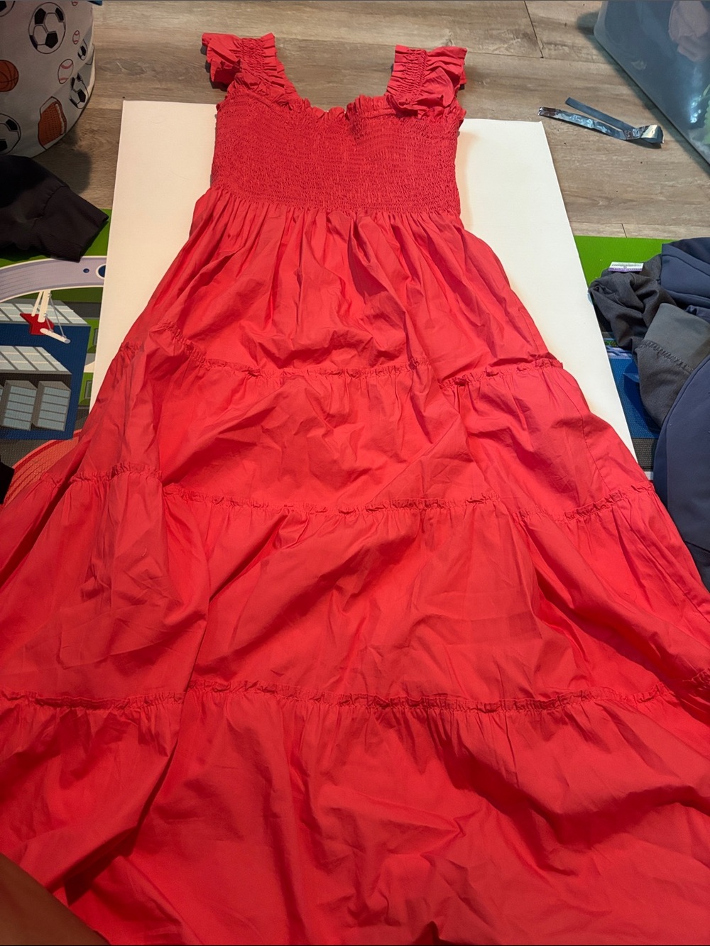 Quince Coral-Red Smocked Maxi Dress with Ruffle Straps